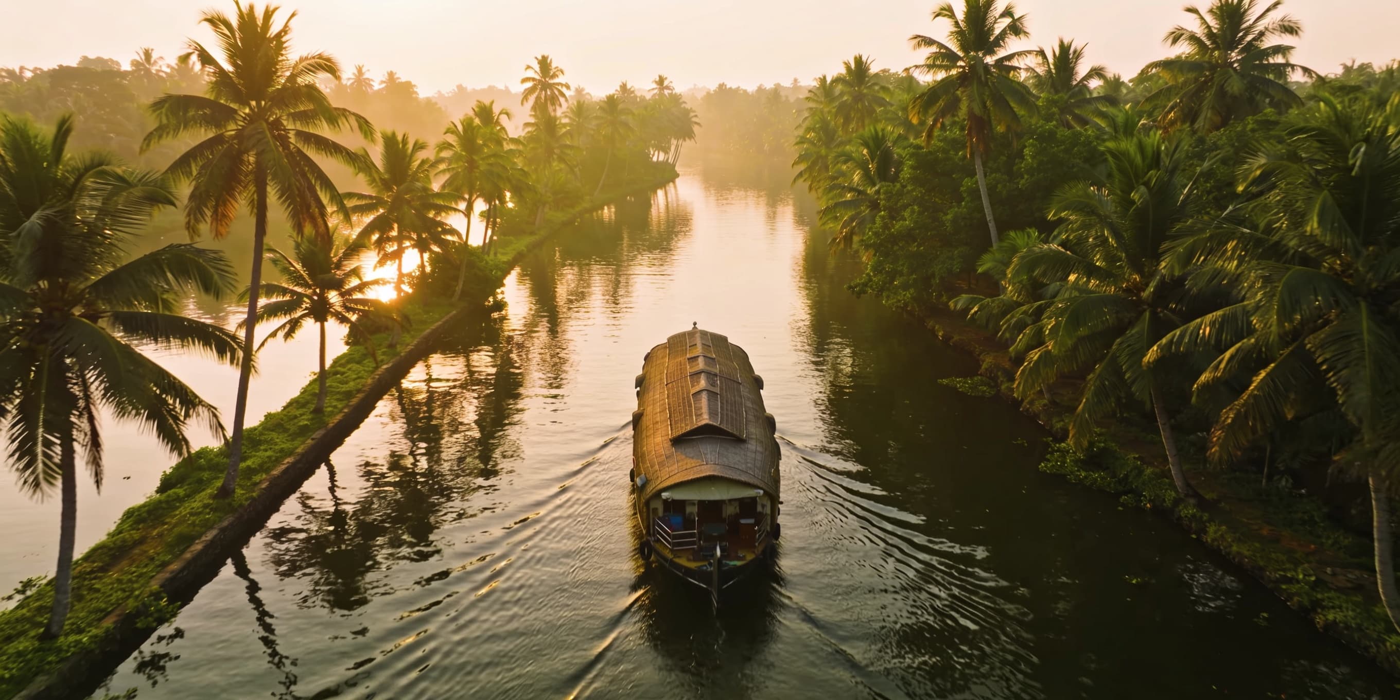 Traditional houseboat on Kerala backwaters at golden hour